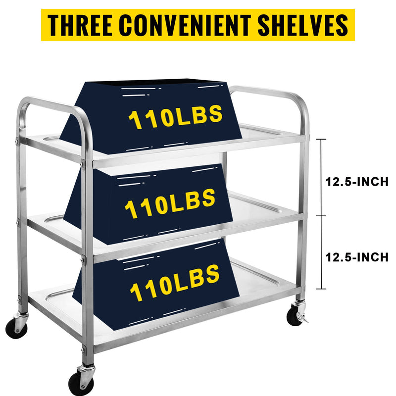 Carrello di Servizio 3 Ripiani su Ruote Carrello in Acciaio Inossidabile da 330 Libbre Carrello di Autobus Commerciale Cucina Carrello per Alimenti (3 Ripiani)