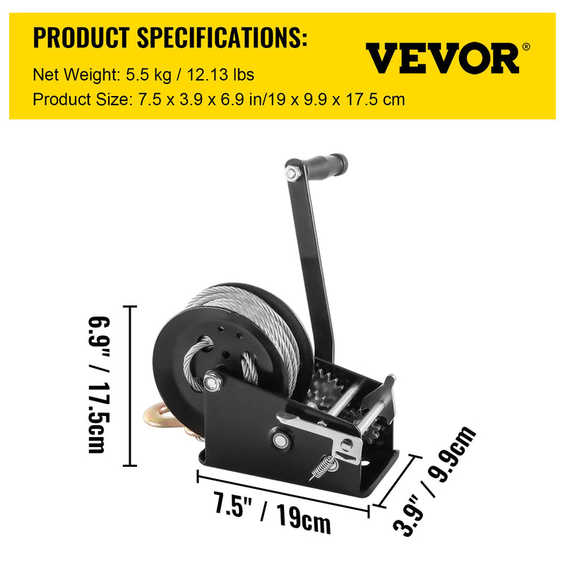 Verricello Manuale con Cavo in Acciaio, Capacità di Carico 1588 kg KS-2500 Argano Manuale Nero per Caricare o Trascinare Barche, Attrezzature per Il Prato o Sollevare Oggetti Pesanti