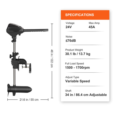 Motore Fuoribordo 24V Spinta da 39kg per Pesca a Traina Profondità Angolazione Regolabile per Barca Gommone Canoe, Motore Elettrico Fuoribordo per Imbarcazioni con 10 Indicatori LED per Batteria