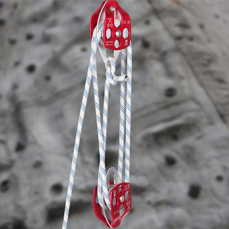 Bozzello a Doppia Puleggia, Diametro 12 mm Lunghezza 30 m Sistema di Carrucole e Paranchi con Corda a Treccia 30 a 35 KN Sistema di Carrucole da Arrampicata, Doppia Puleggia di Traino