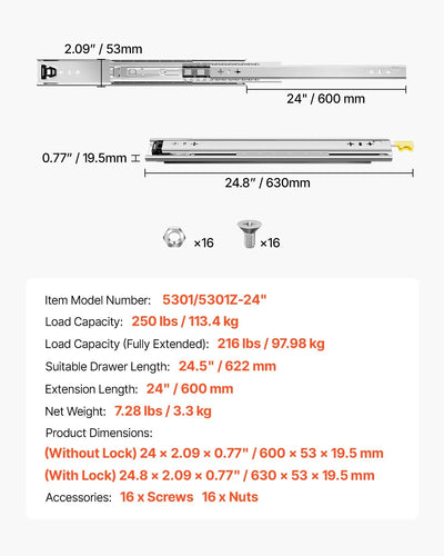 Coppia Guide per Cassetti con Chiusura e Cuscinetti 630 x 53 x 19,5 mm