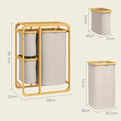 Cestino Portabiancheria in Bambù con 3 Sacchi e Ripiani in Tessuto, 50x32x69.7 cm, color Bambù e Crema