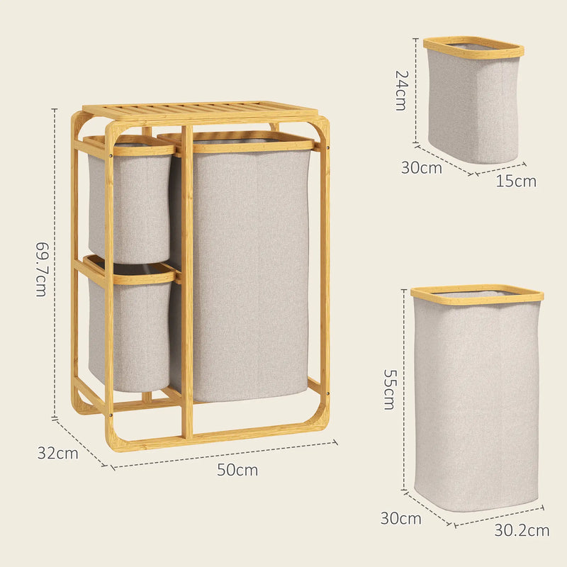 Cestino Portabiancheria in Bambù con 3 Sacchi e Ripiani in Tessuto, 50x32x69.7 cm, color Bambù e Crema