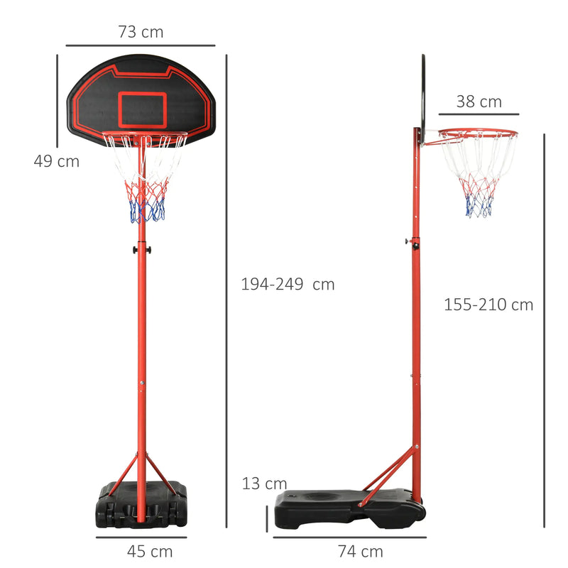 Canestro Portatile Canestro Basket da Esterno con Altezza Regolabile 193.5-248.5cm e Base da Riempire con Acqua o Sabbia, in Acciaio e Nylon 74x127x193.5-248.5cm