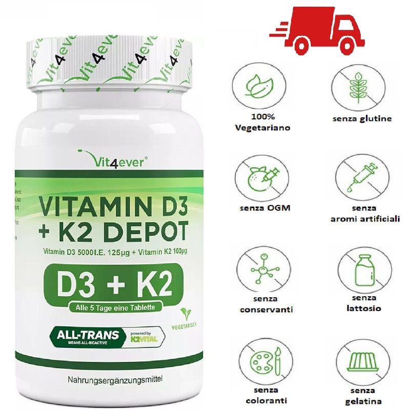 Vitamina D3 5000 UI + K2 100 mcg 365 Compresse VITAMINE pastiglie MK7 Supporto Ossa