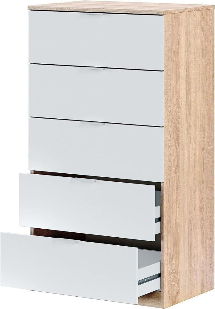 Cassettiera Camera da Letto con 5 Cassetti in Legno Comò Moderno Bianco e Rovere