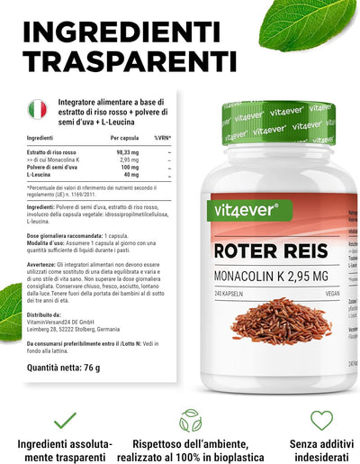 Riso Rosso Fermentato Monacolina K 240 Capsule 2,9 mg Controllo del Colesterolo