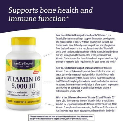 Healthy Origins Vitamina D3 5000 IU 5,000 ui 360 pillole softgels Vitamine D-3