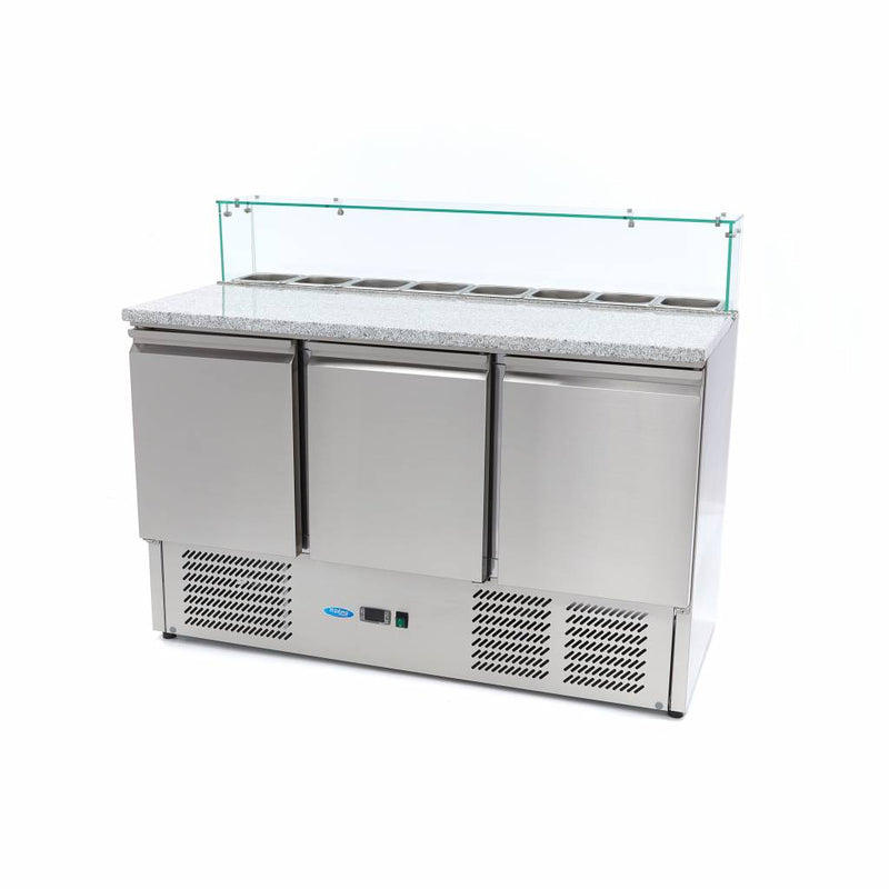 Banco Pizza Refrigerato - 137cm - 3 Porte - adatto a 8 x 1/6 GN - incl. Coperchio in Vetro