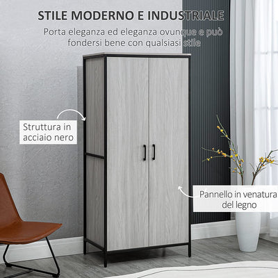 Armadio Guardaroba a 2 Ante Con Scomparti E Barra Appendiabiti, Mobile Stile Industriale Moderno 80X50X179Cm, Grigio