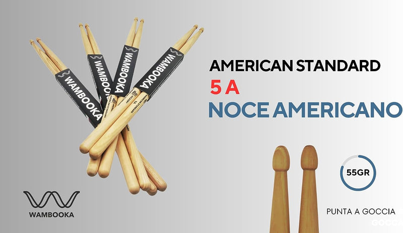 - Bacchette per Batteria in Noce Americano - PACCO DA 4 PAIA - Serie American Standard® - 5A - 5B- Punta a Goccia in Legno (5A)