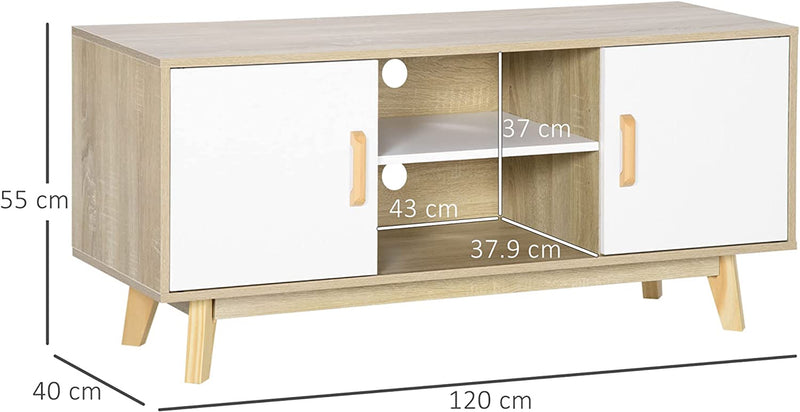 Mobile TV Moderno Con Armadietti E Vani Aperti, Mobiletto Basso in Legno per TV Fino 55", 120X40X55Cm, Legno Naturale E Bianco