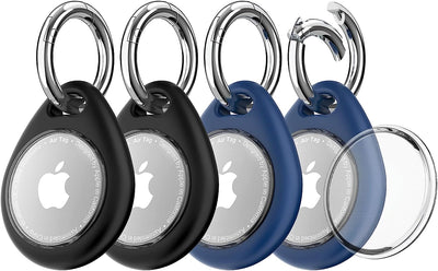 4 Pezzi Portachiavi Airtag - Porta Airtag per Apple, Chiavi Zaini E Animale in TPU Antiurto E Antigraffio Con Cover Frontale, 360°Custodia Airtag, Mantiene Forte Il Segnale-Nero+Blu