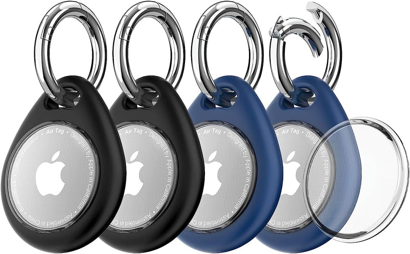 4 Pezzi Portachiavi Airtag - Porta Airtag per Apple, Chiavi Zaini E Animale in TPU Antiurto E Antigraffio Con Cover Frontale, 360°Custodia Airtag, Mantiene Forte Il Segnale-Nero+Blu