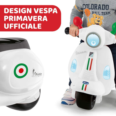 Vespa Primavera - Moto Giocattolo Cavalcabile Con Pannello Elettronico, Luci E Suoni, Ruote Di Supporto Rimuovibili, Max 20 Kg, per Bambini 1-3 Anni, Bianco