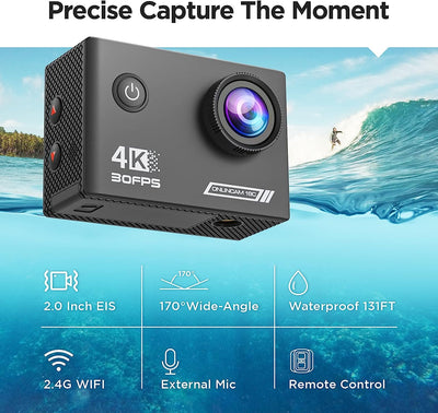 4K 30Fps Action Cam, 131Ft/40M Impermeabile Fotocamera Subacquea EIS, Wifi Camera 170°Angle Sport Cam, HD 20MP Videocamera Con 2.4G Telecomando 2 Batterie E Kit Di Accessori Casco