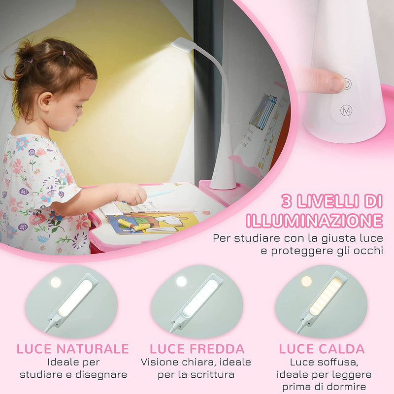 Banco Scuola Con Sedia per Bambini 6-12 Anni Altezza Regolabile, Piano Inclinabile a 45° E Lampada LED, Acciaio E MDF, Rosa