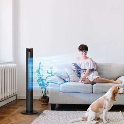 Ventilatore a Torre Con 3 Velocità 4 Modalità, 45W, Timer 12H, Ventilatore a Colonna Con Oscillazione 70°, Pannello LED E Telecomando, Nero