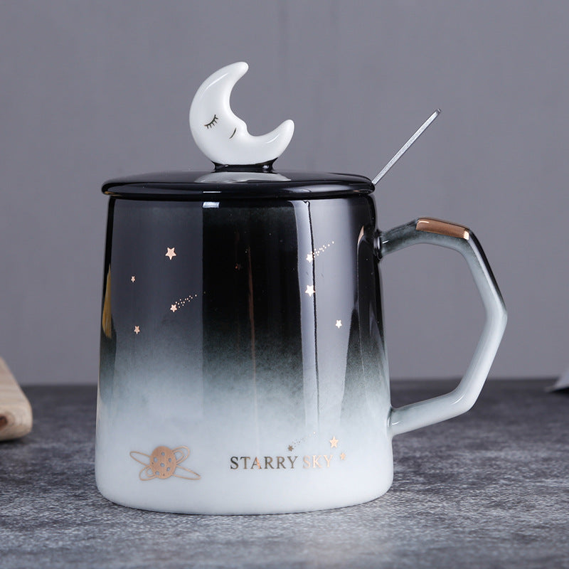 Starry Sky Mug with Lid Spoon Personality Trendy Ceramic Water Cup