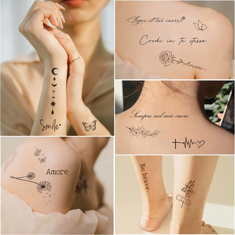 6 Fogli Tatuaggi Temporanei Donna Scritta Frase Italiana Inglese, Tatuaggi Finti Nero, Set Tatuaggi Temporanei Uomo Adulti, Tattoos Trasferelli Adulti Ragazzi, Vari Disegni Sempici