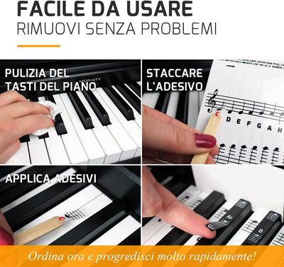 Adesivi per Tasti per Pianoforte + Tastiera per 49 | 61 | 76 | 88 Tasti + Ebook Gratuito | Set Completo Premium per Tasti Neri + Bianche | DO-RE-MI-FA-SOL-LA-SI | Istruzioni in Italiano