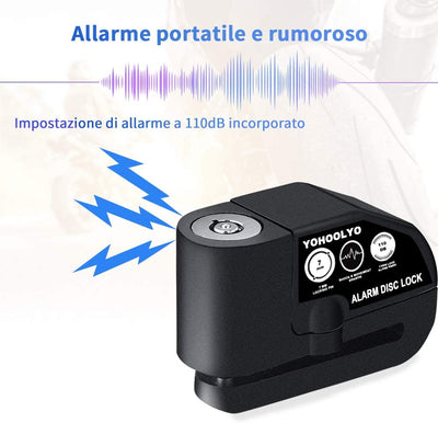 Bloccadisco Moto Lucchetto Antifurto Moto Impermeabile Allarme Sonoro 110DB per Moto, Bici, Motocross E Scooter, Accessori Con 2 Chiavi, Cavo Promemoria Di 1,5M E Borsa Trasporto