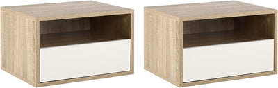 Set 2 Comodini Sospesi in Legno Con Cassetto E Ripiano Aperto, Design Moderno 45X35X27.5Cm, Bianco E Color Legno