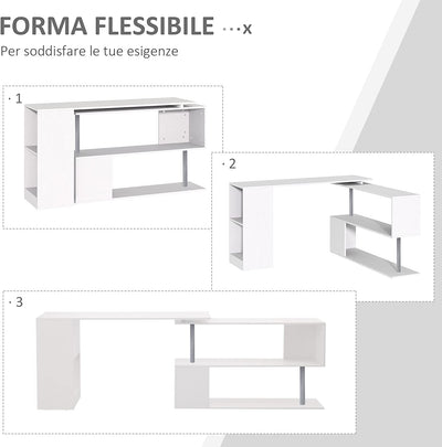 Scrivania Moderna, Angolare E Girevole Con Libreria per PC, Camera O Ufficio, Tavolo Da Pranzo in Truciolato Bianco, 140X120X78 Cm