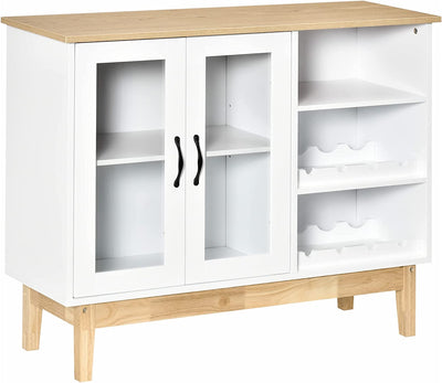 Credenza Moderna Con Armadietto, 3 Ripiani Laterali in Legno Massiccio Con Cantinetta Portabottiglie, Salvaspazio, 103X34X80Cm Bianco