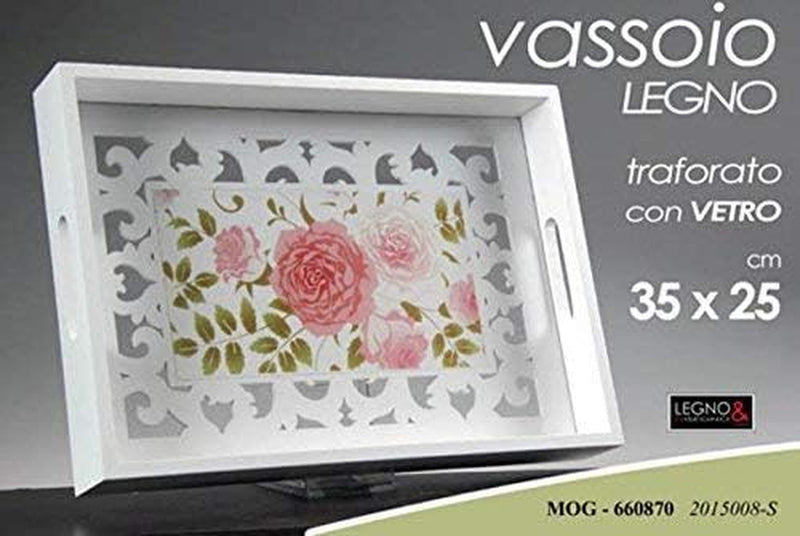 VASSOIO 35*25*5 CM LEGNO MOG MANICI TRAFORATO CON VETRO SHABBY CHIC PROVENZALE