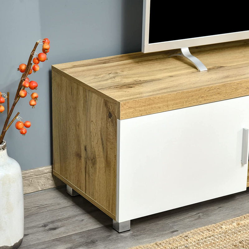 Mobile TV Con 2 Armadietti, 2 Fori Passacavi E 2 Ripiani in Legno MDF, Mobiletto Bianco per TV Fino 63", 140X40X41.5Cm