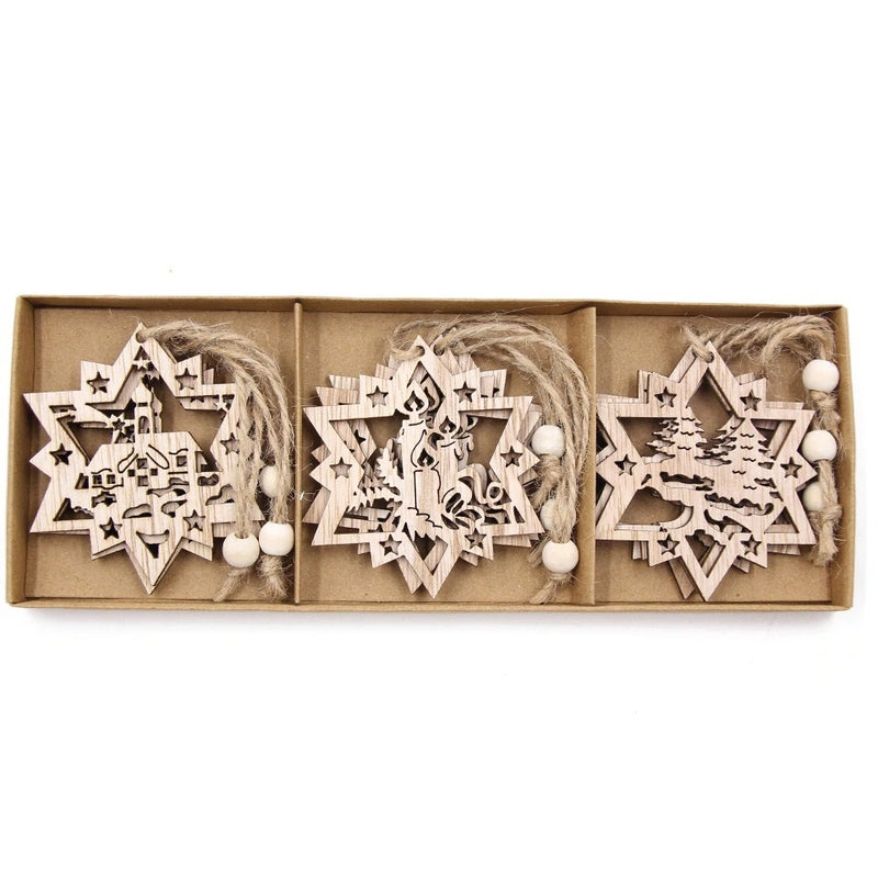 12PCS Box Multi Christmas Snowflakes Wooden Pendants Ornamen