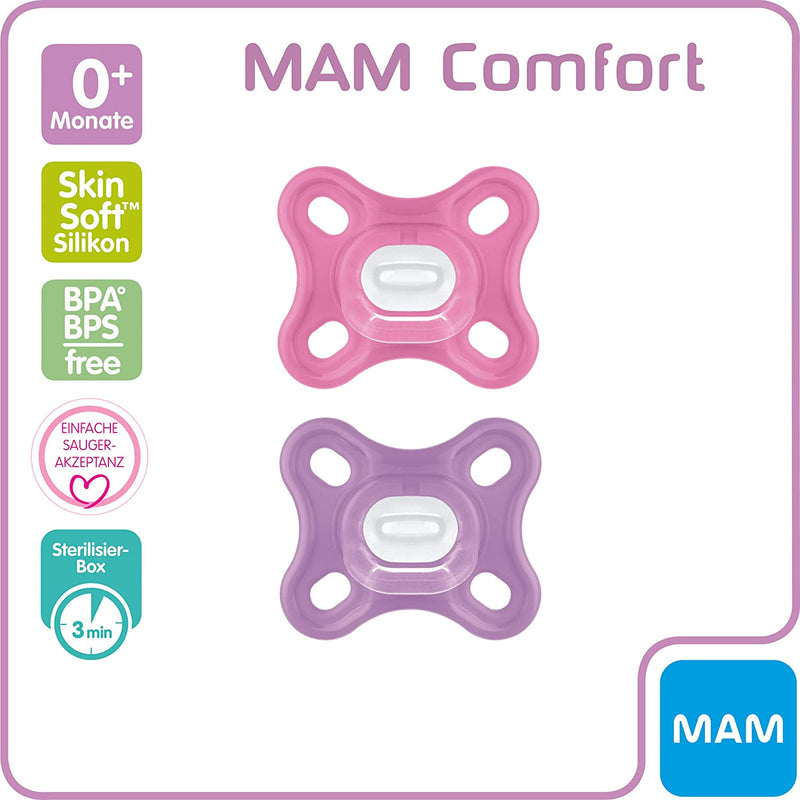 Istruzioni in Lingua Straniera  Ciuccio Comfort in Set Da 2 Pezzi, Particolarmente Piccolo E Leggero, in 100% Silicone, Con Tettarella Morbida Skinsoft E Scatola per Ciuccio, 0 Mesi, Rosa/Viola