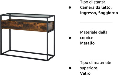 Tavolo Consolle Da Ingresso E Soggiorno, Ripiano in Vetro, Mensola E 2 Cassetti, in Metallo E Legno, Nero E Marrone, 100X35X76Cm