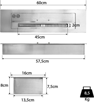 Bruciatore per Caminetto in Acciaio Inox a Bioetanolo, 60 Cm, a Doppia Parete, 3,5 L