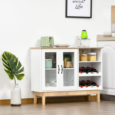 Credenza Moderna Con Armadietto, 3 Ripiani Laterali in Legno Massiccio Con Cantinetta Portabottiglie, Salvaspazio, 103X34X80Cm Bianco