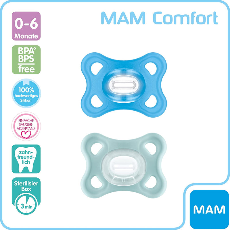 Istruzioni in Lingua Straniera  Ciuccio Comfort in Set Da 2 Pezzi, Particolarmente Piccolo E Leggero, 100% Silicone Con Tettarella Morbida Skinsoft E Scatola per Ciuccio, 0-6 Mesi, Blu/Menta