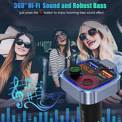 Trasmettitore FM Bluetooth Auto, Adattatore Radio Auto Con Bassi Profondi & Hi-Fi Lossless, Ricarica Rapida PD 20W+QC3.0, Chiamata Vivavoce, Lettore Musicale, Chiavetta USB, Luce Blu Sfumata