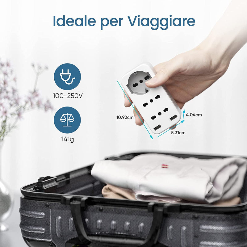 Presa Multipla USB, Presa Salvaspazio Con 10A/16A, Spina Italiana, Adattatore Multipresa Elettrica Da Muro Con 1 Schuko & 2 Prese IT & 2 USB, Tripla Presa 2400W per Ufficio Casa Viaggio-Bianco