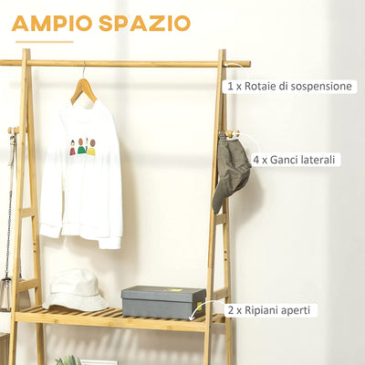 Stand Appendiabiti Con 2 Scaffali E 4 Ganci Laterali, Struttura in Bambù, 100L X 42P X 155Acm, Color Legno