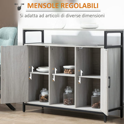 Credenza Moderna in Legno Con 2 Armadietti E Ripiani, Mobile Cucina E per Ingresso Grigio Chiaro, 100X34X87.2Cm