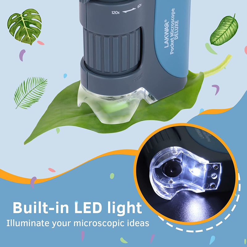 Microscopio Portatile per Bambini 60-120X, Mini Microscopio Tascabile Illuminato LED & UV, Con Vetrini per Microscopio Preparati 5