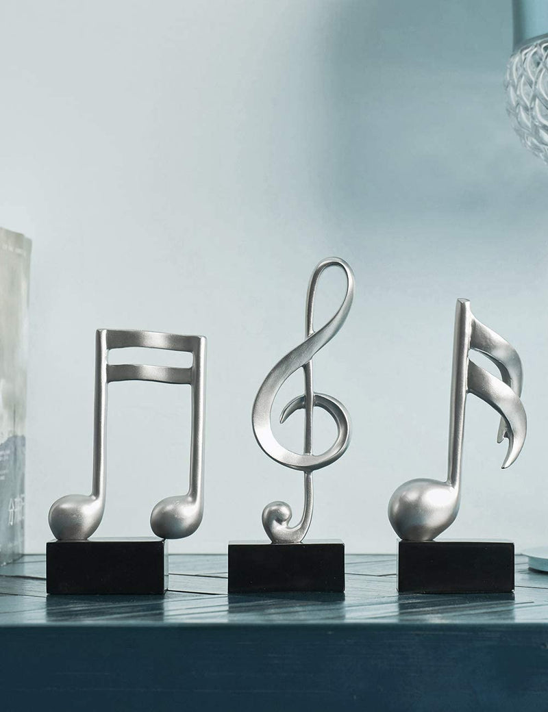 3Pcs Musical Note Scultura Statua Pianoforte Decorative Statuetta Resina Regali Argento 19Cm