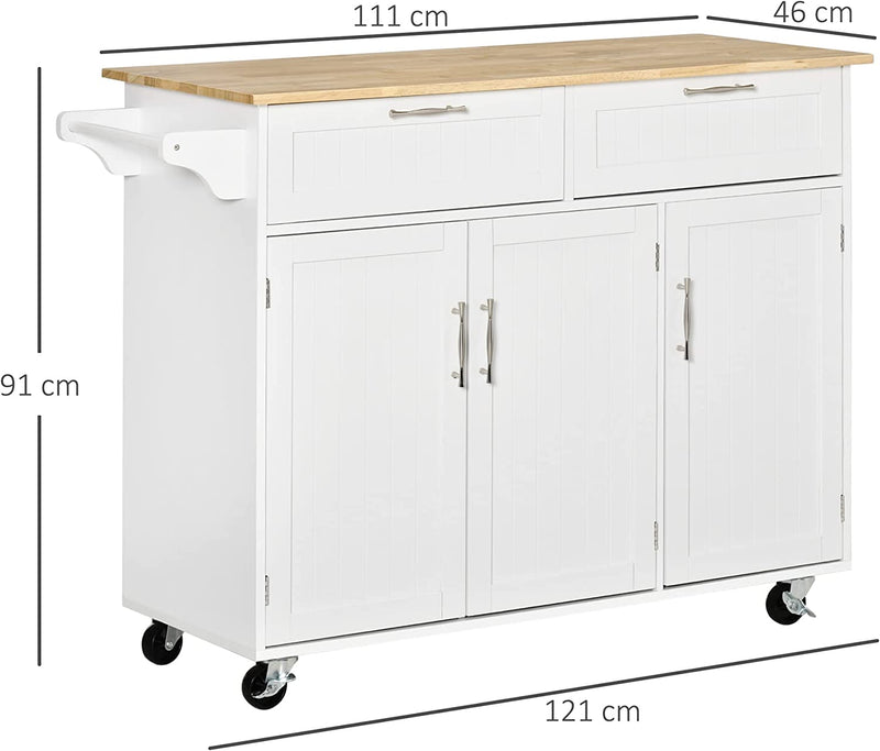 Carrello Da Cucina Multiuso Con 2 Cassetti, 3 Antine E 4 Ruote, in Legno E MDF, 121X46X91Cm, Bianco