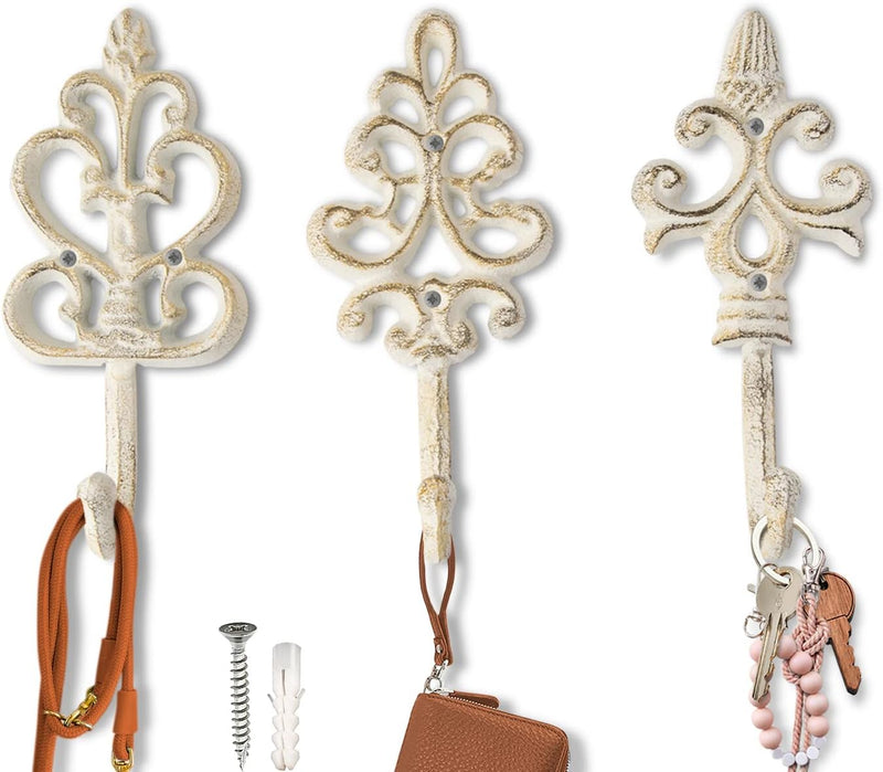 Ganci Decorativi in Ghisa Shabby Chic - Rustico - Dorato - Bianco Rustico - Metallico - Fascino Di Campagna Francese - Grandi Ganci Decorativi Appesi - Set Di 3 -Viti E Ancore per Il Montaggio Incluso