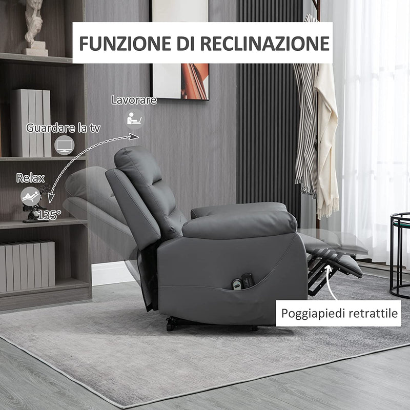 Poltrona Alzapersona Reclinabile Fino a 135° E Imbottita Con 8 Punti Massaggianti, Telecomando E Poggiapiedi, 91X86X101 Cm, Grigio