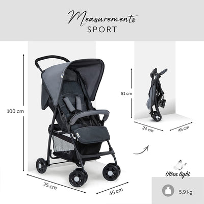 Passeggino Sport - Passeggino Leggero 5.9 Kg - Passeggino Compatto, Pieghevole E Piccolo - Reclinabile, Cappotta Parasole E Grande Cesto Portaoggetti - Grigio Melange