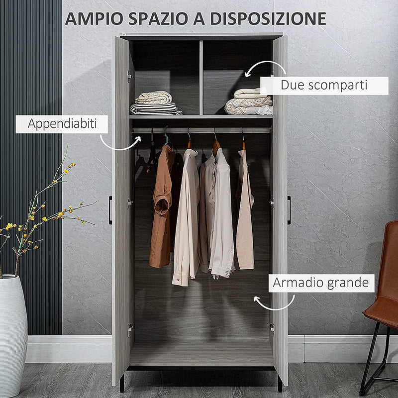 Armadio Guardaroba a 2 Ante Con Scomparti E Barra Appendiabiti, Mobile Stile Industriale Moderno 80X50X179Cm, Grigio