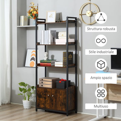 Mobile Libreria 4 Ripiani Con Armadietto a 2 Ante in Stile Industriale per Casa E Ufficio, 75X30X180Cm, Marrone