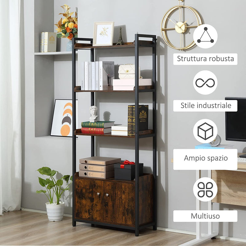 Mobile Libreria 4 Ripiani Con Armadietto a 2 Ante in Stile Industriale per Casa E Ufficio, 75X30X180Cm, Marrone